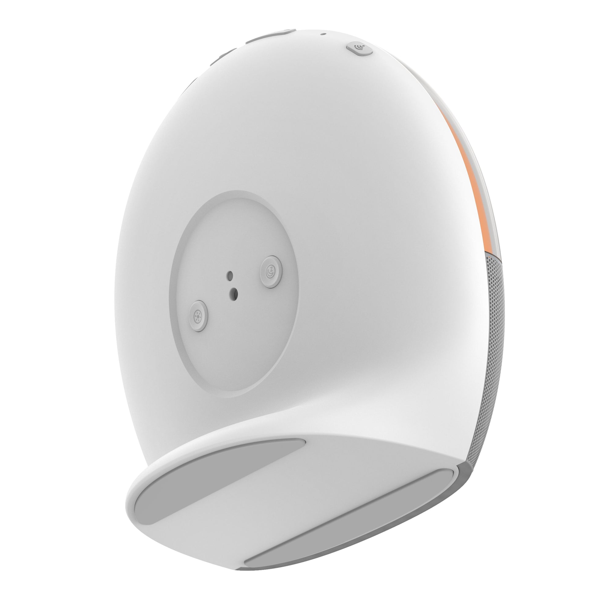 WiiM Vækkeur wake-up light, hvid kugleformet alarmklokke med rund base, orange knapper og solopgangssimulering.