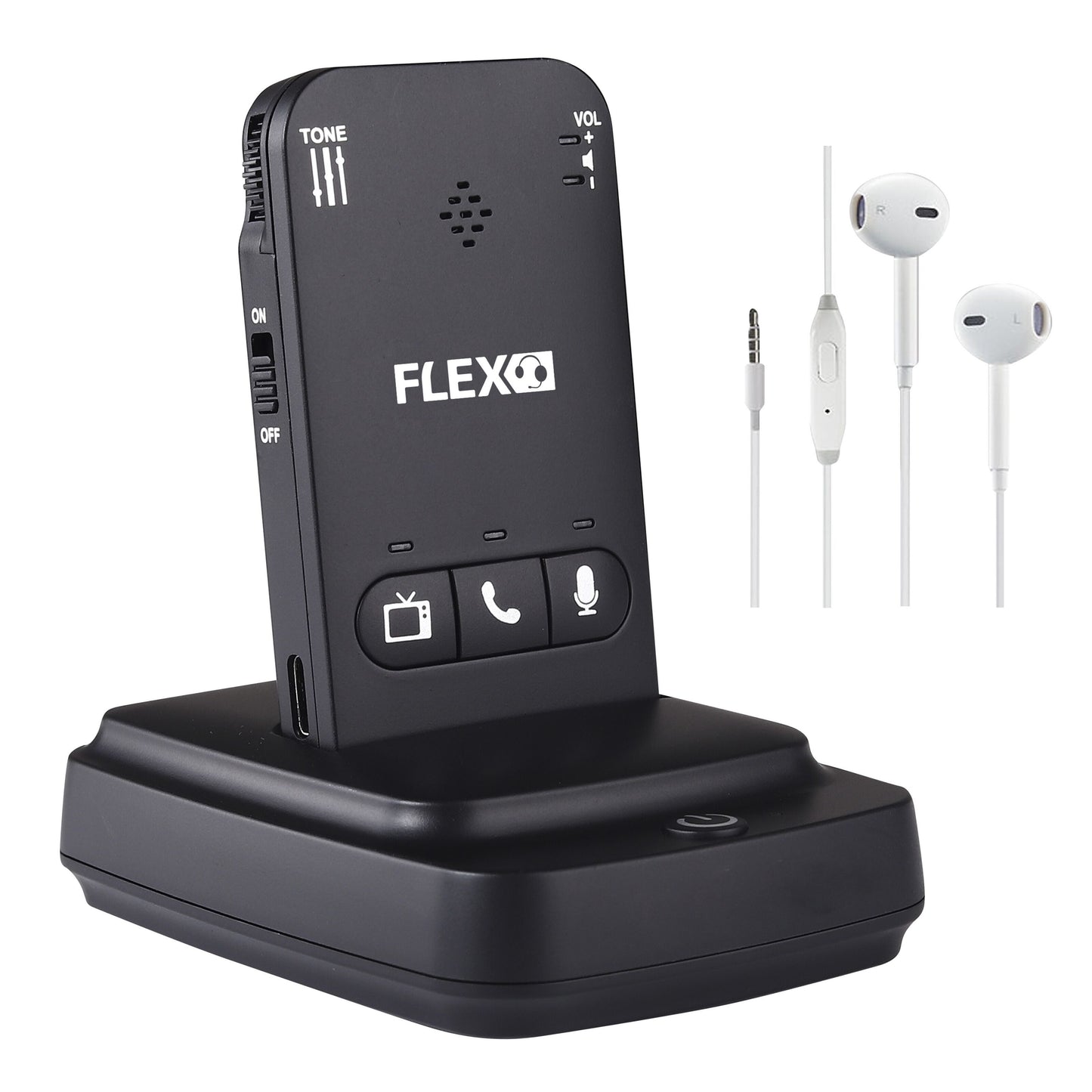 Flexheadset FLEX Lydforstærker sort trådløs modtager m. justerbar lyd/frekvens, tre knapper, hvide øretelefoner med mikrofon.
