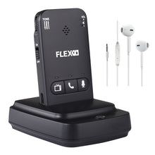 Flexheadset FLEX Lydforstærker sort trådløs modtager m. justerbar lyd/frekvens, tre knapper, hvide øretelefoner med mikrofon.