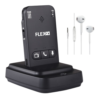 Flexheadset FLEX Lydforstærker sort trådløs modtager m. justerbar lyd/frekvens, tre knapper, hvide øretelefoner med mikrofon.