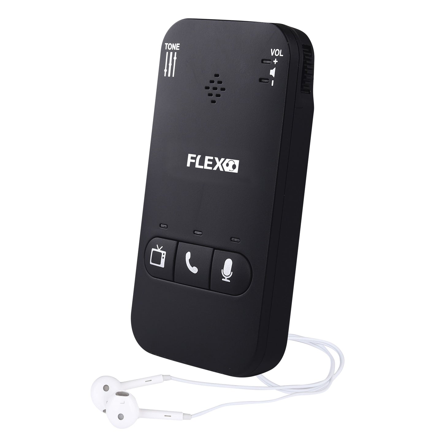 FLEX Lydforstærker sorterer håndholdt med tre knapper til TV/telefon/mikrofon, frekvenskontrol, volumen og hvide øretelefoner.