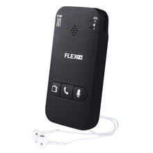 FLEX Lydforstærker sorterer håndholdt med tre knapper til TV/telefon/mikrofon, frekvenskontrol, volumen og hvide øretelefoner.