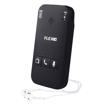 FLEX Lydforstærker sorterer håndholdt med tre knapper til TV/telefon/mikrofon, frekvenskontrol, volumen og hvide øretelefoner.