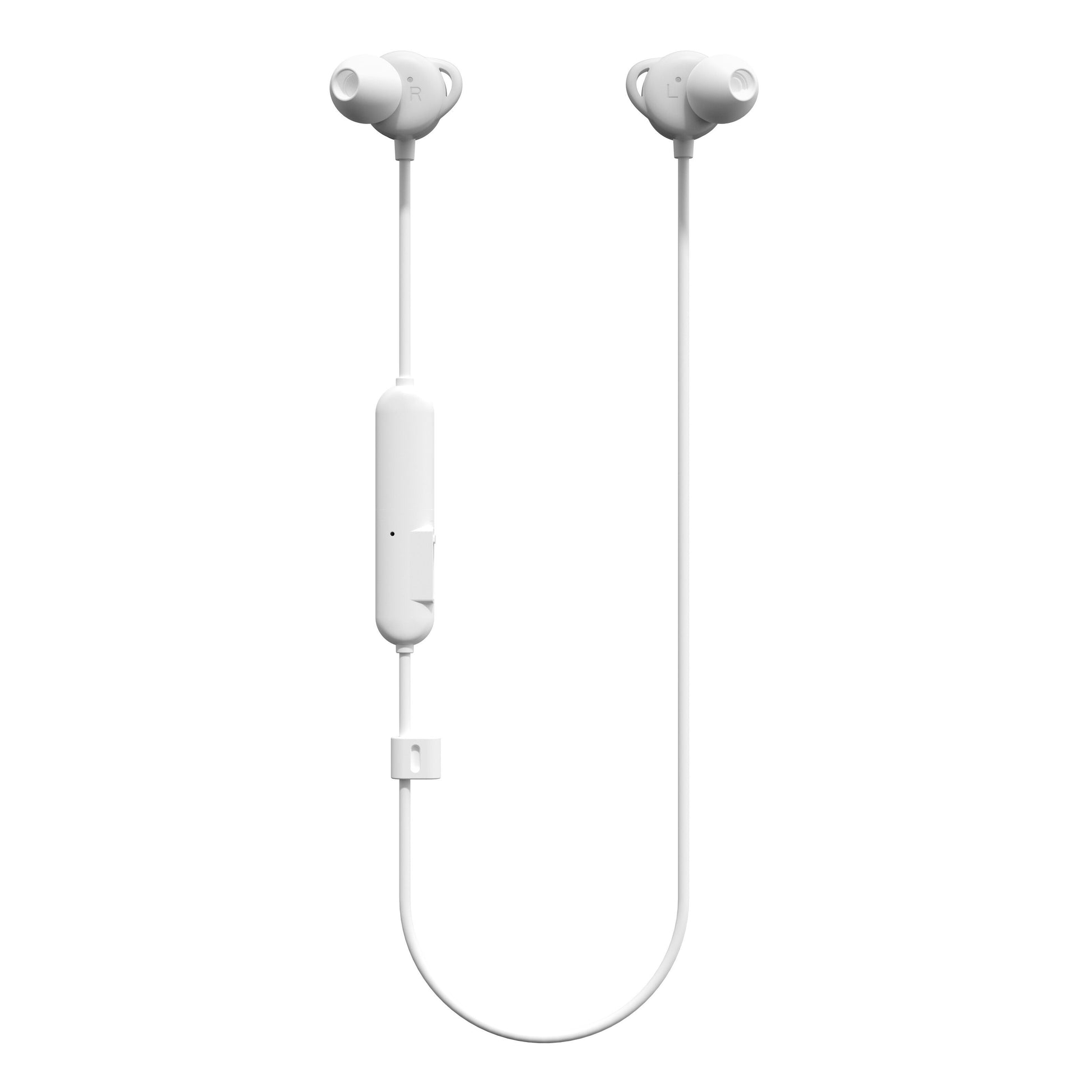 Nomadelic Solo 204 trådløse in-ear hovedtelefoner hvid Bluetooth 5.4 IPX5 kabel med inline kontrol ørepropper vender opad.