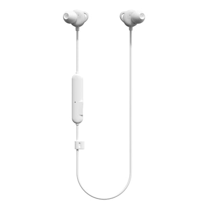 Nomadelic Solo 204 trådløse in-ear hovedtelefoner hvid Bluetooth 5.4 IPX5 kabel med inline kontrol ørepropper vender opad.