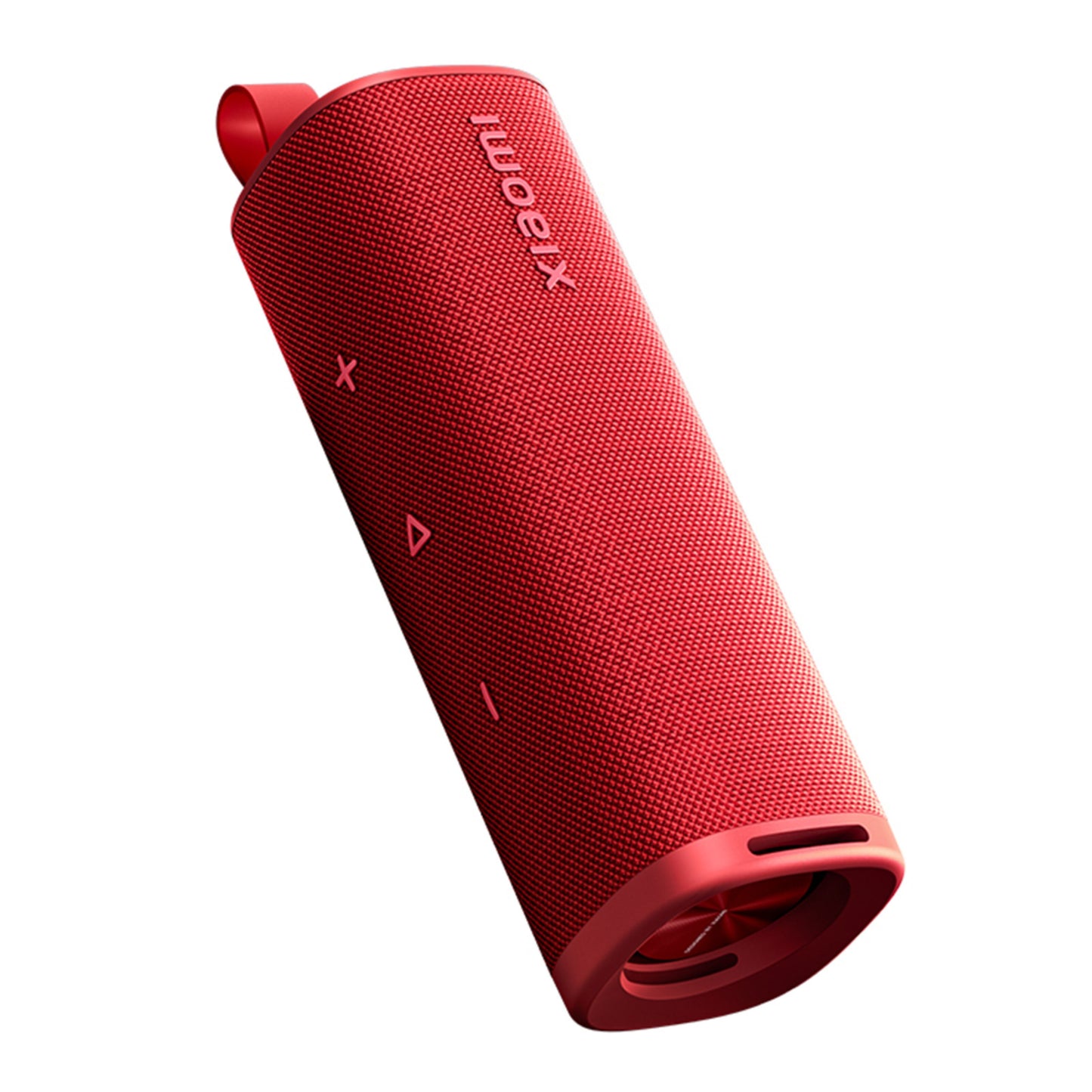 Xiaomi Bluetooth-højttaler 30W rød, cylindrisk, tekstureret overflade, sideknapper, bærerem, let skrå vinkel.