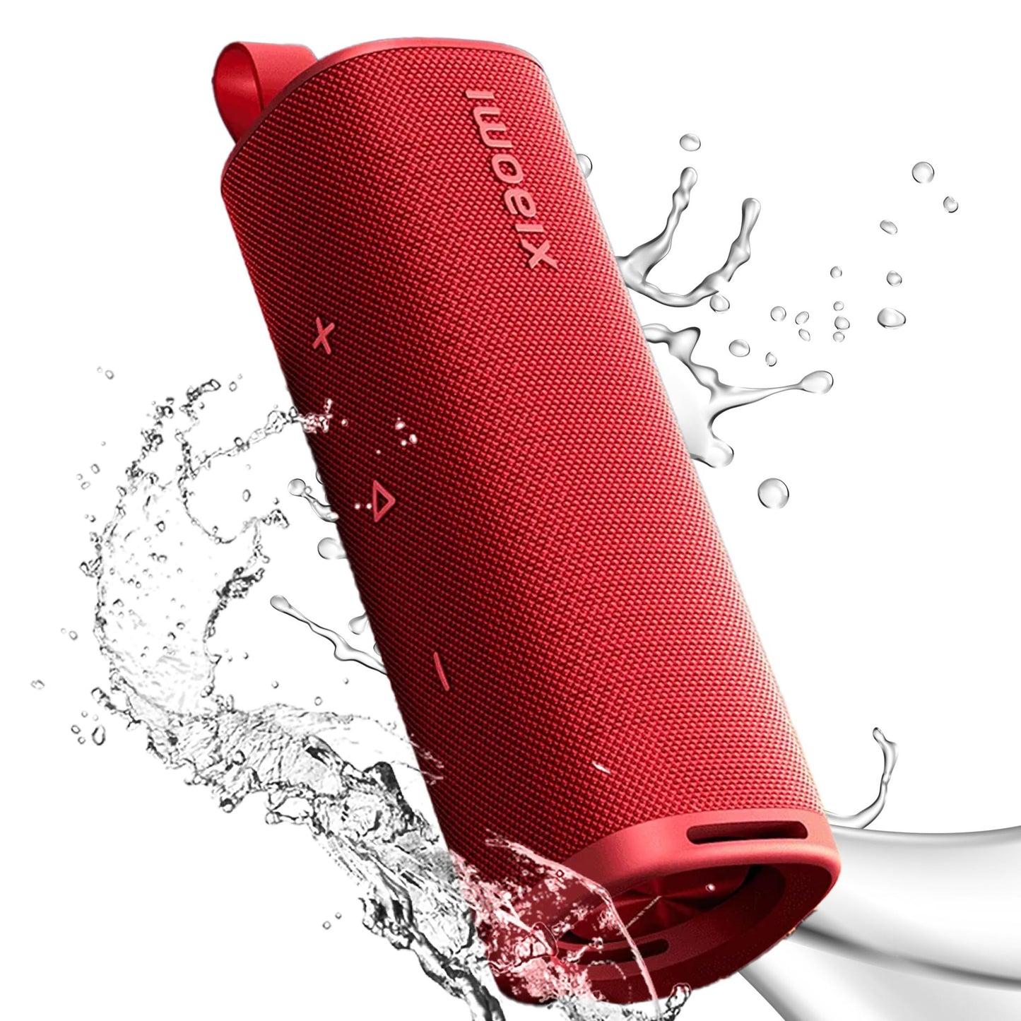 Xiaomi Bluetooth-højttaler 30W rød med synlige kontrolknapper, tekstureret overflade og vandstænk.
