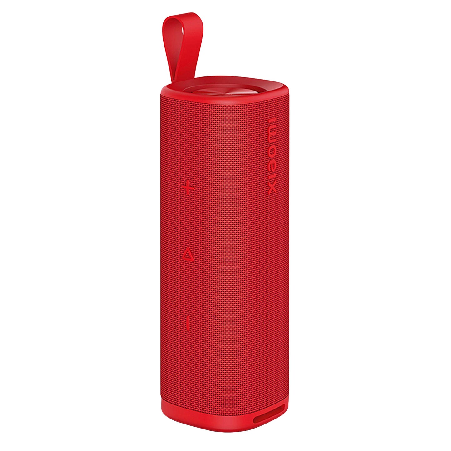 Xiaomi Lydudendørs Bluetooth-højttaler 30W rød, cylinderformet, tekstureret overflade, store sideknapper, bærestrop.