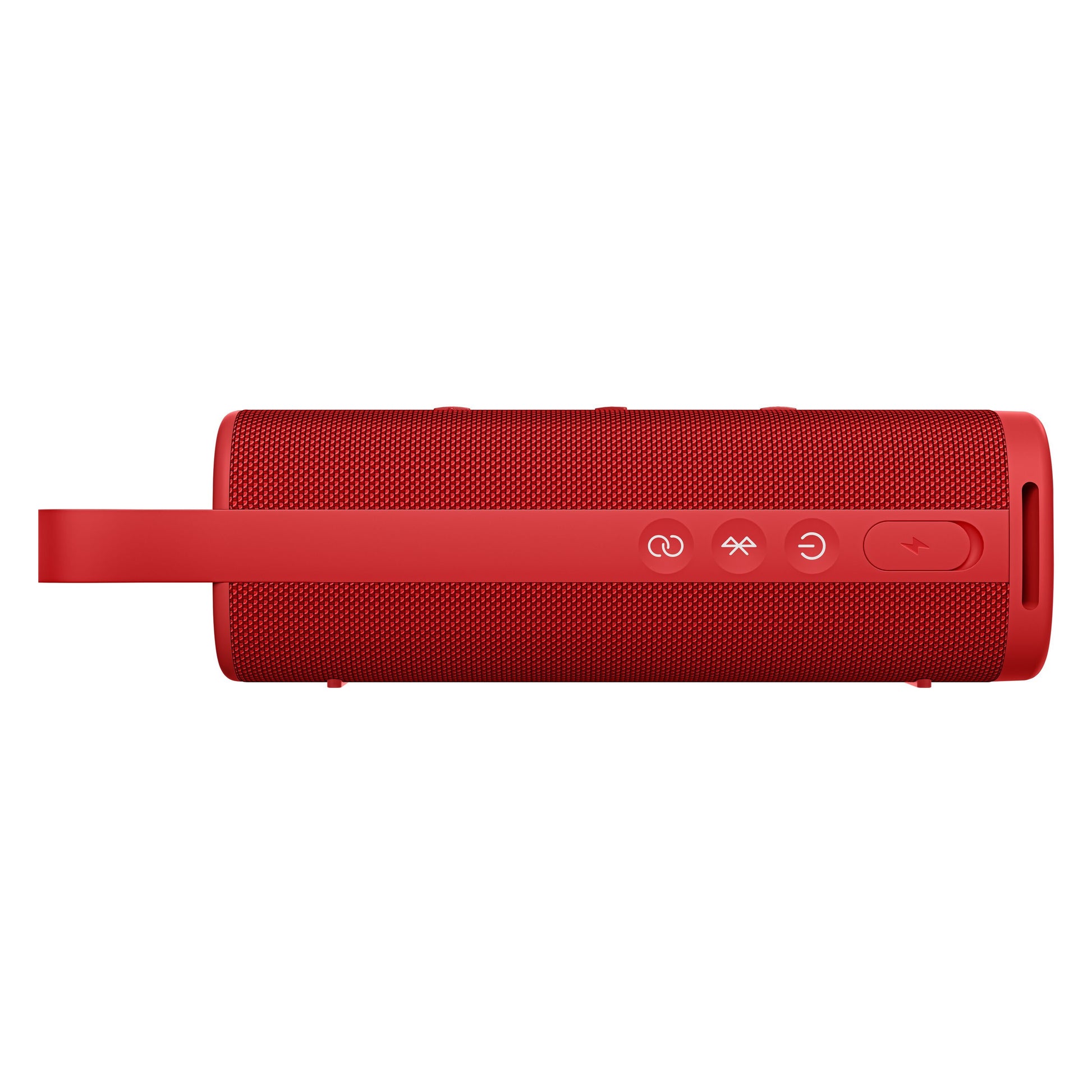 Xiaomi Bluetooth-højttaler 30W rød med struktureret overflade, ildknapper og bærestrop i venstre side.