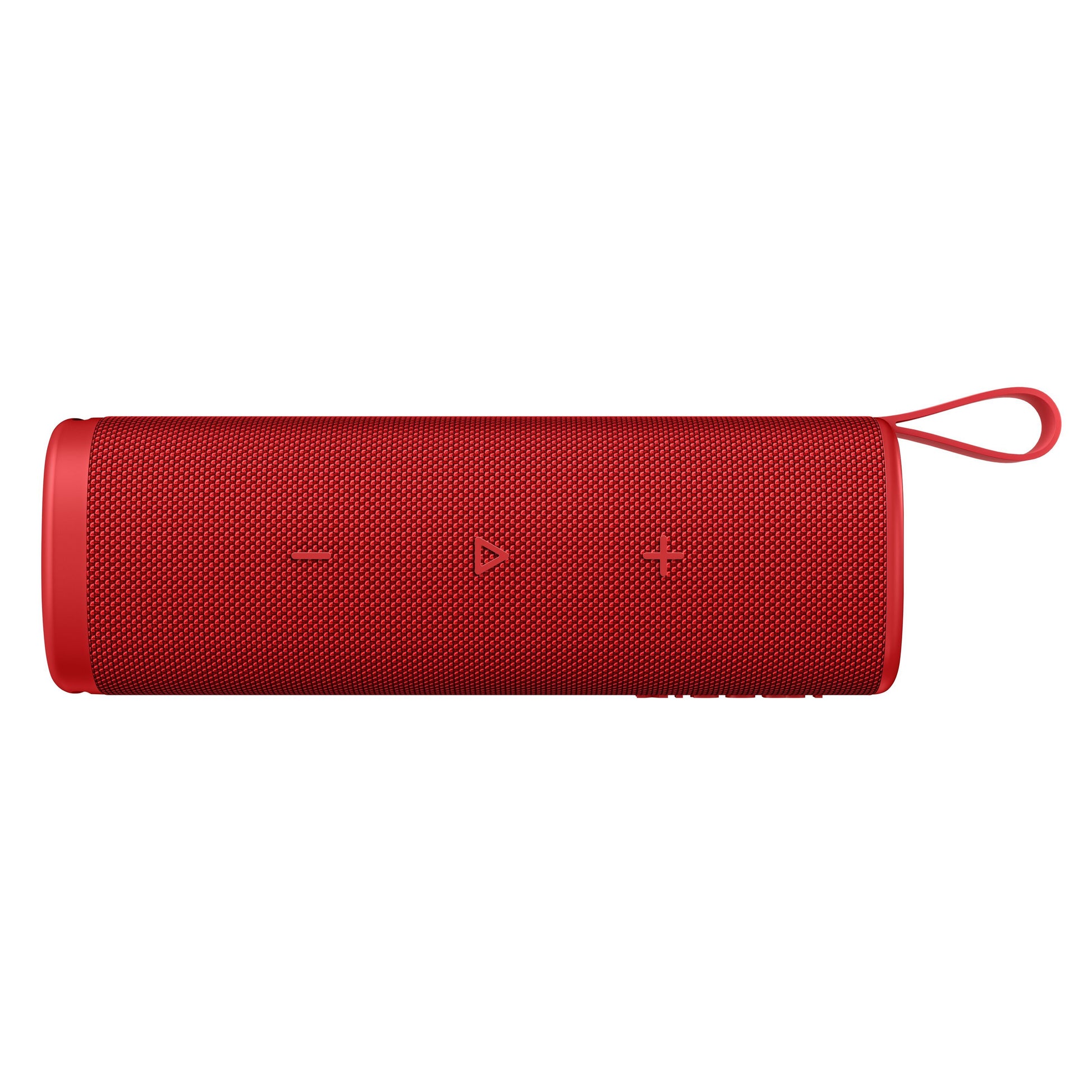 Xiaomi Bluetooth-højttaler 30W rød, vandafvisende cylinder, præget volumen og play-knap foran, løkkehank i siden.