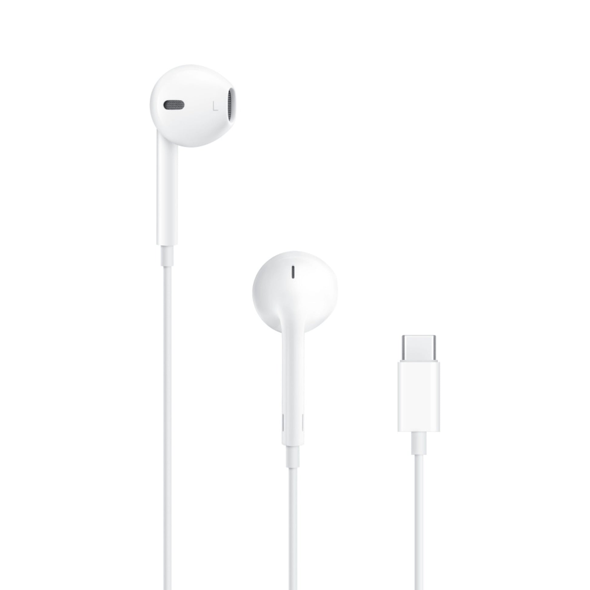 Apple EarPods kablede høretelefoner med USB-C stik, inline mikrofon, hvid, vises fra siden og fronten.