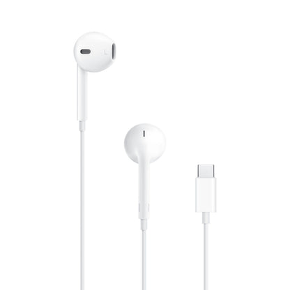 Apple EarPods kablede høretelefoner med USB-C stik, inline mikrofon, hvid, vises fra siden og fronten.