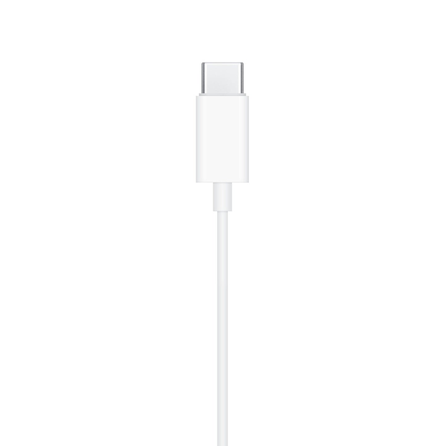 Apple EarPods med USB-C-stik, hvid, kabel vist lodret med USB-C-stik synlig foroven.