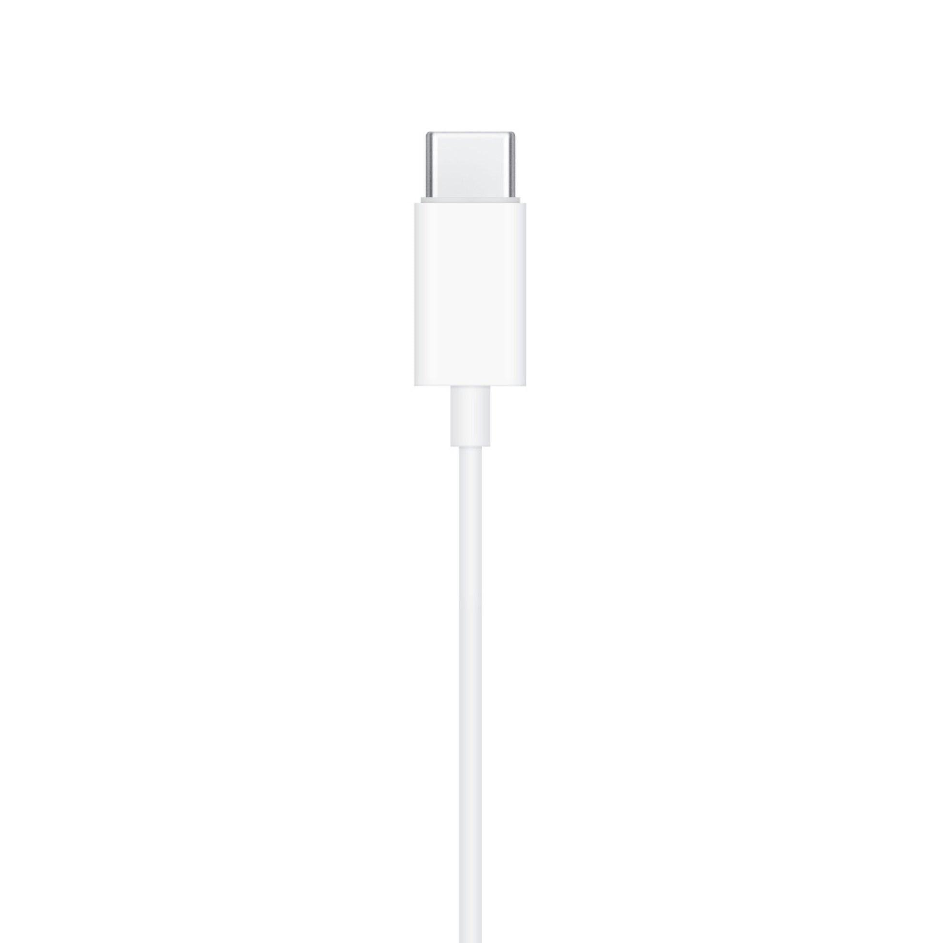 Apple EarPods med USB-C-stik, hvid, kabel vist lodret med USB-C-stik synlig foroven.