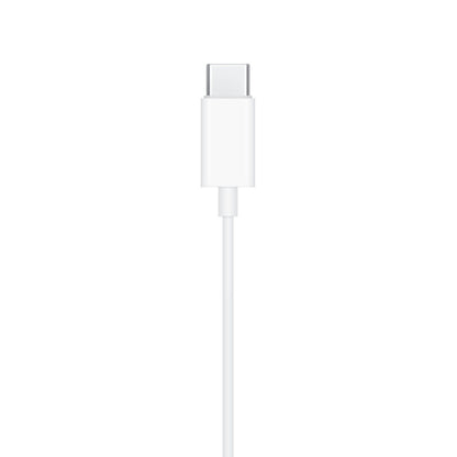 Apple EarPods med USB-C-stik, hvid, kabel vist lodret med USB-C-stik synlig foroven.