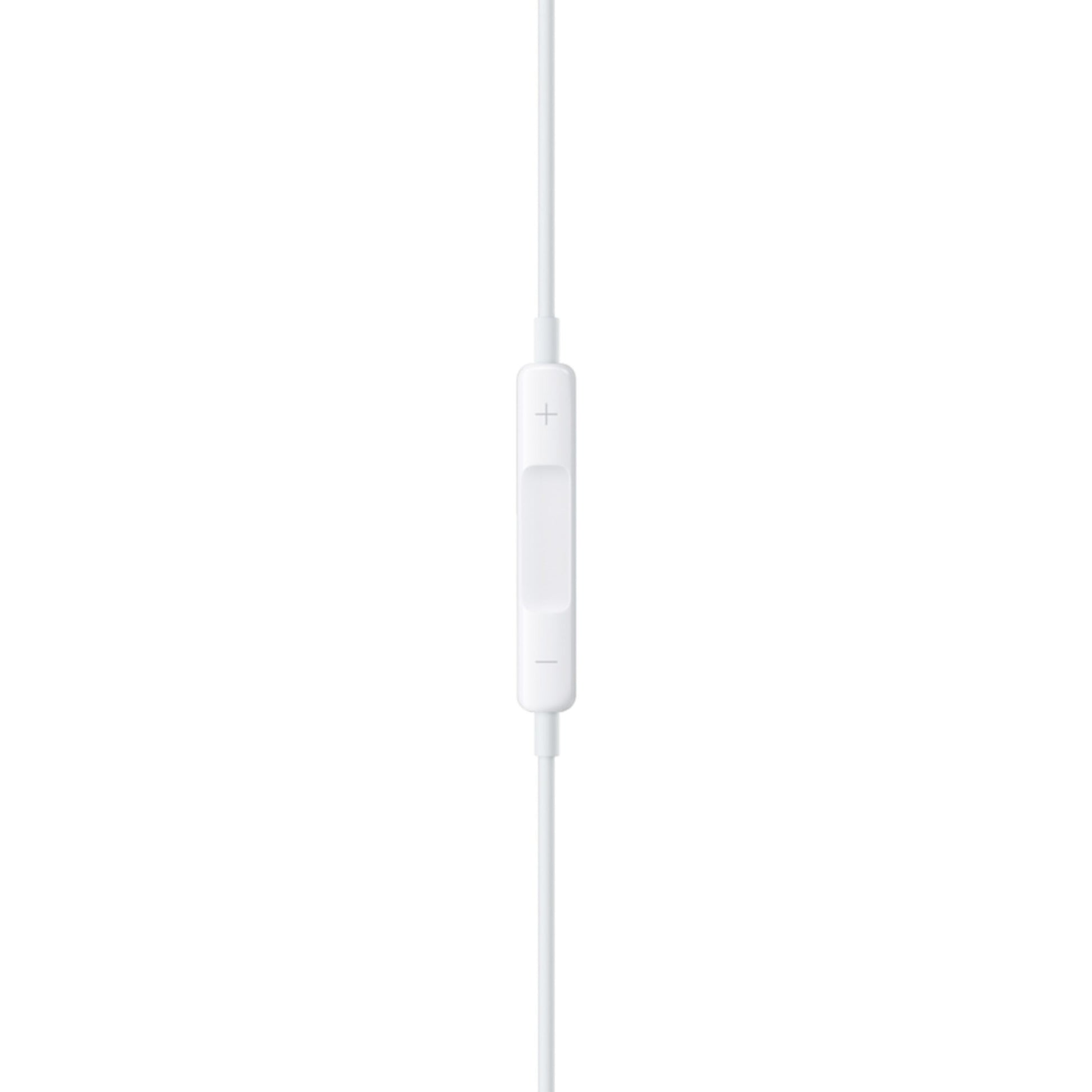 Apple EarPods med USB-C-stik, hvid inline fjernbetjening på kablet med central knap samt plus/minus til lydstyrke.