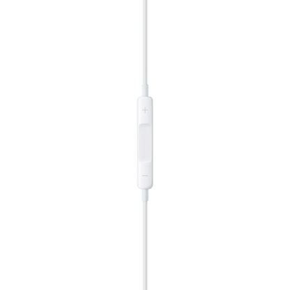Apple EarPods med USB-C-stik, hvid inline fjernbetjening på kablet med central knap samt plus/minus til lydstyrke.