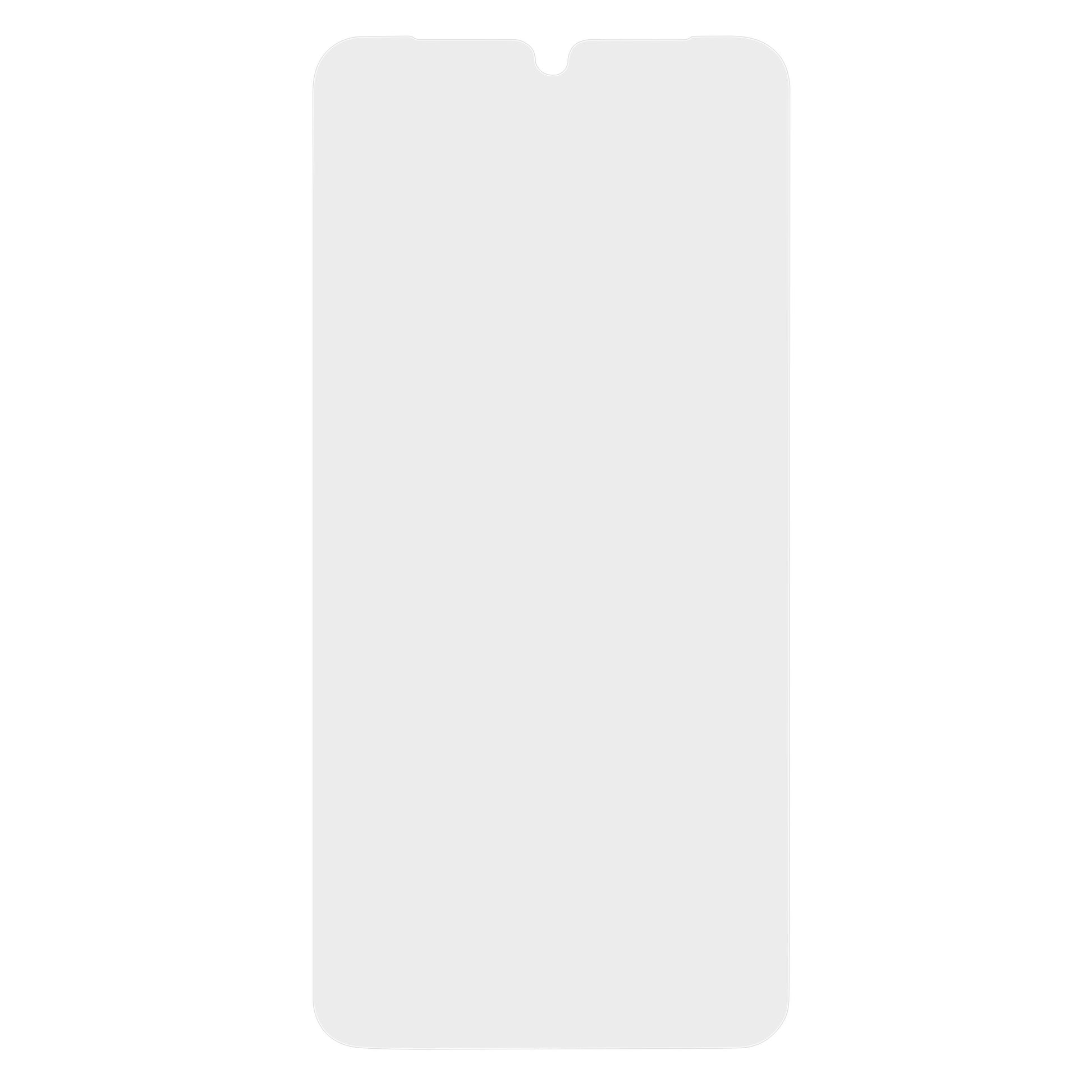 Skærmbeskyttelse til Samsung A16/A26, transparent, afrundede hjørner, viser produktets form og størrelse.