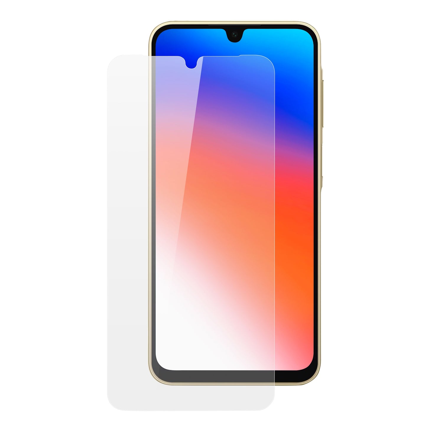 Samsung A16/A26 smartphone med farverig gradient-skærm, hærdet glas skærmbeskytter ligeeret foran displayet.