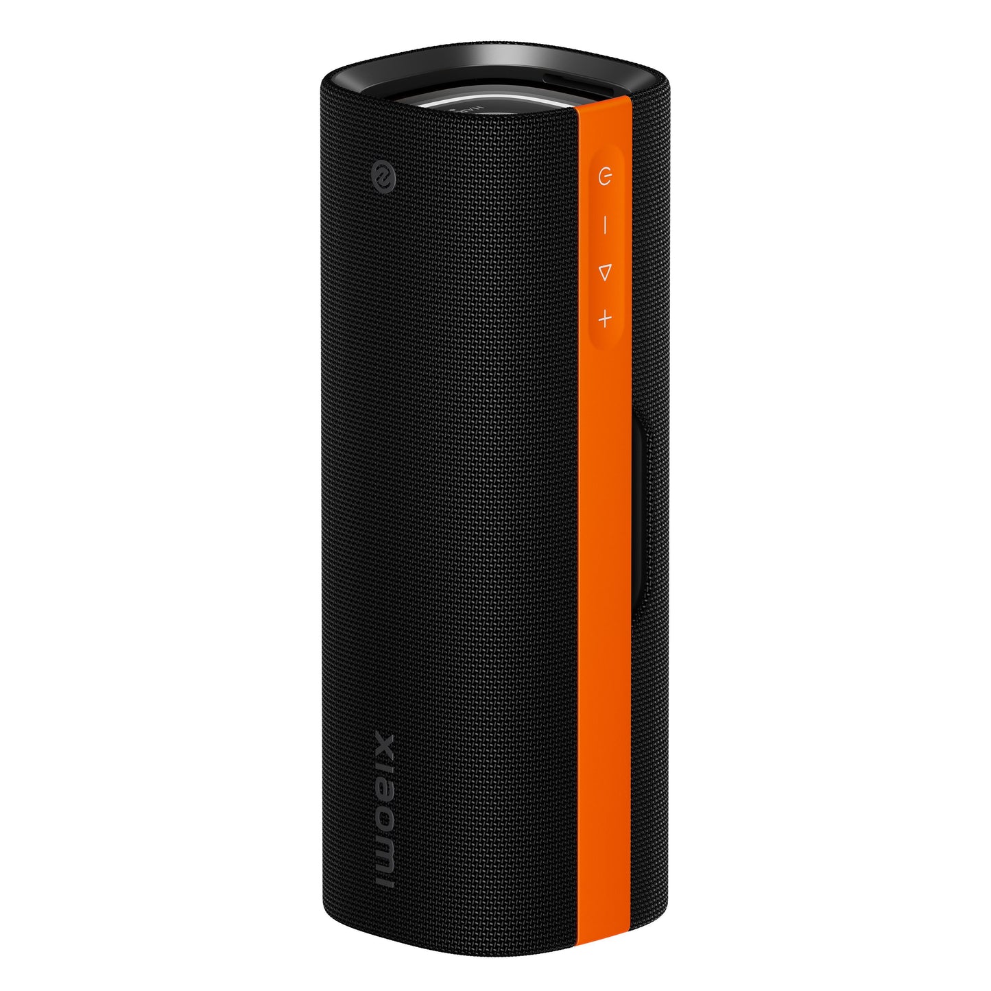 Xiaomi Sound Party sort cylinderformet 50W bærbar Bluetooth-højttaler med tekstureret overflade, orange knapper, logo og IP67.