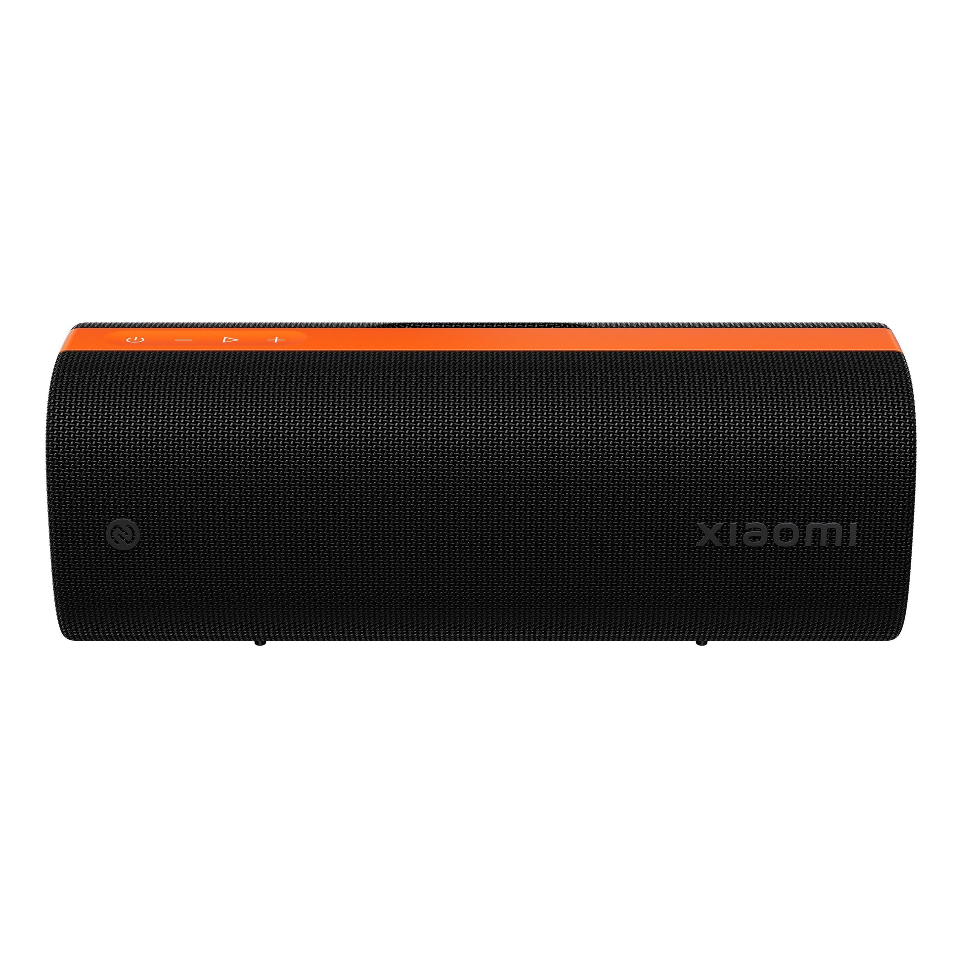 Xiaomi Sound Party sort cylindrisk bærbar Bluetooth-højttaler 50W, orange topstribe, kontrolknapper, Xiaomi-logo, IP67.