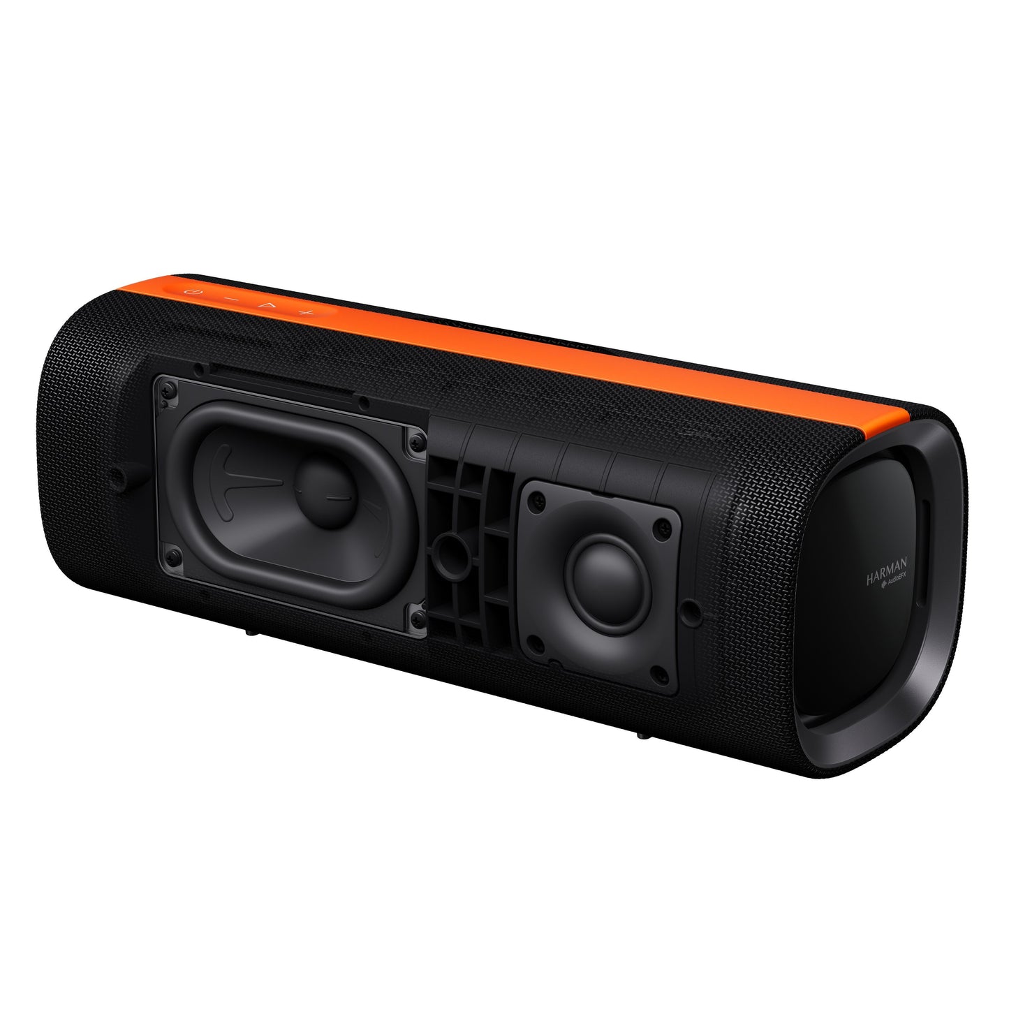 Xiaomi Sound Party bærbar Bluetooth-højttaler sort 50W, synlige drivere, topkontroller, IP67 vandtæt, skrå vinkel.