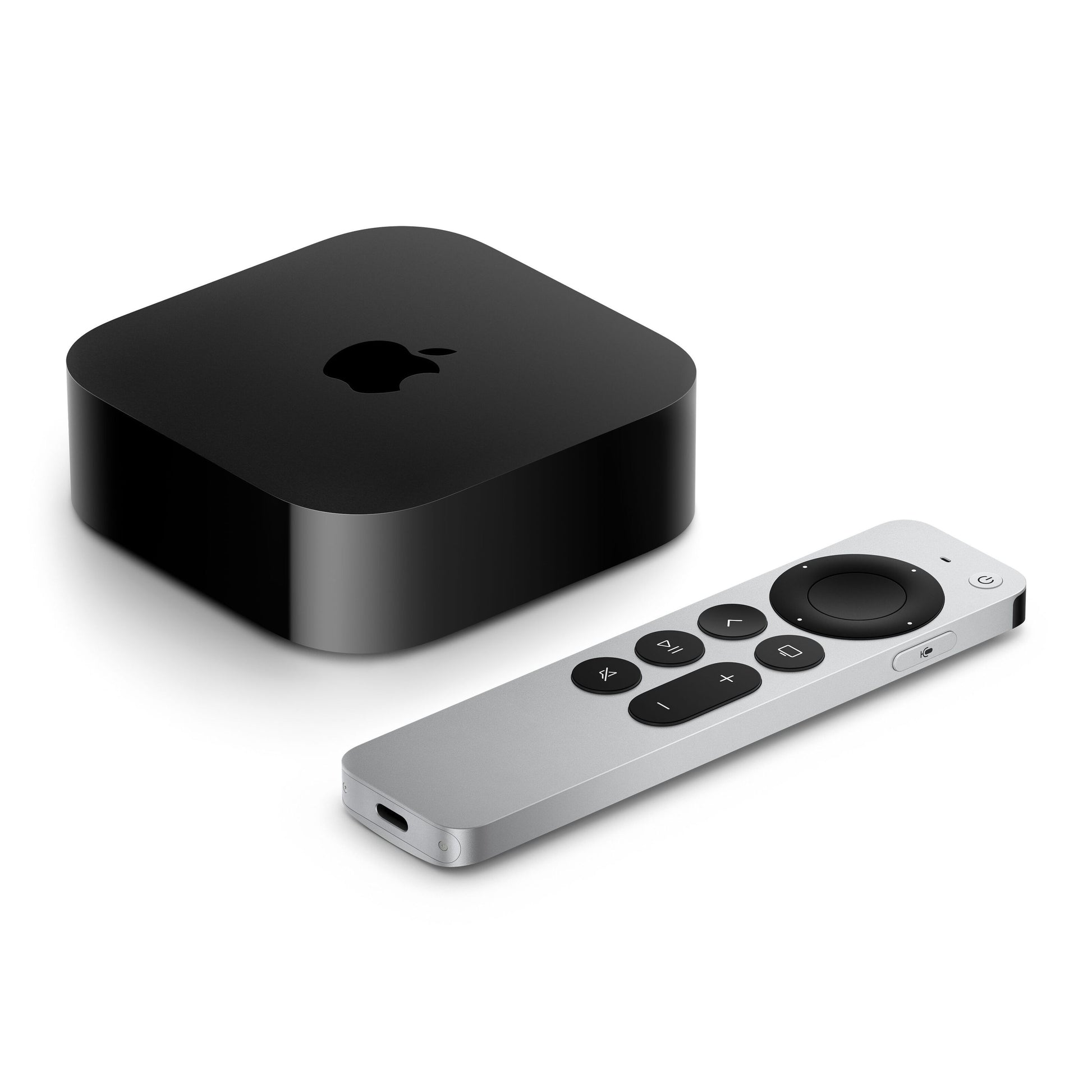 Apple TV 4K (3. gen) 64 GB med sølvfarvet fjernbetjening.