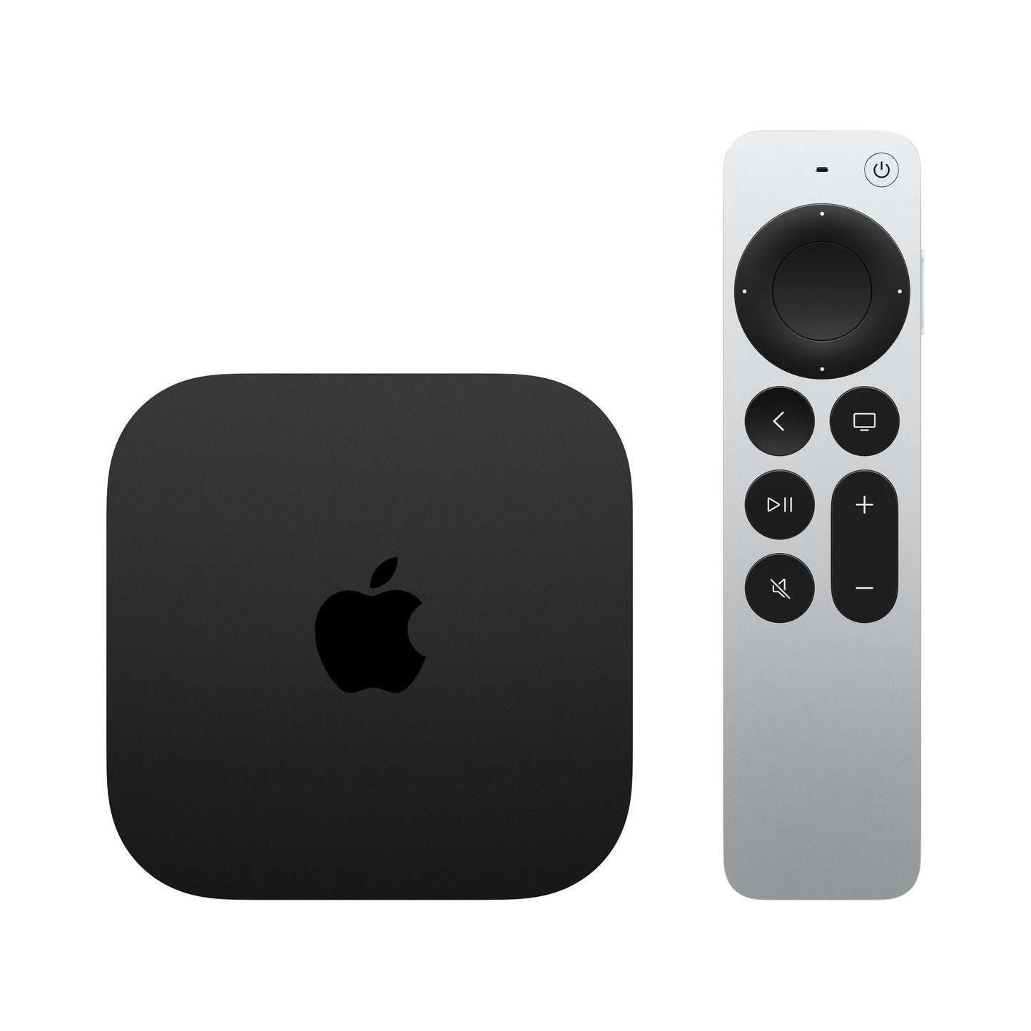 Apple TV 4K 3. gen 128GB sort med slank sølvfjernbetjening, sorte knapper og cirkulær navigation, Dolby Vision.