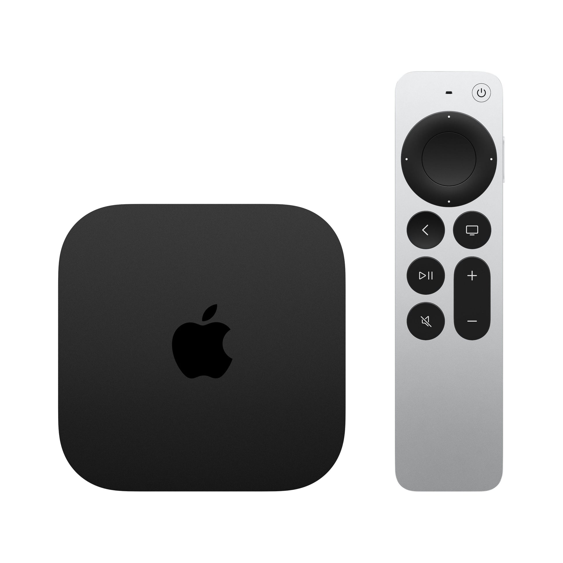 Apple TV 4K 3. gen 128GB sort med slank sølvfjernbetjening, sorte knapper og cirkulær navigation, Dolby Vision.
