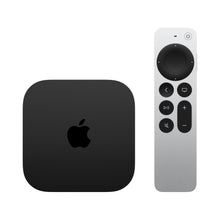 Apple TV 4K 3. gen 128GB sort med slank sølvfjernbetjening, sorte knapper og cirkulær navigation, Dolby Vision.