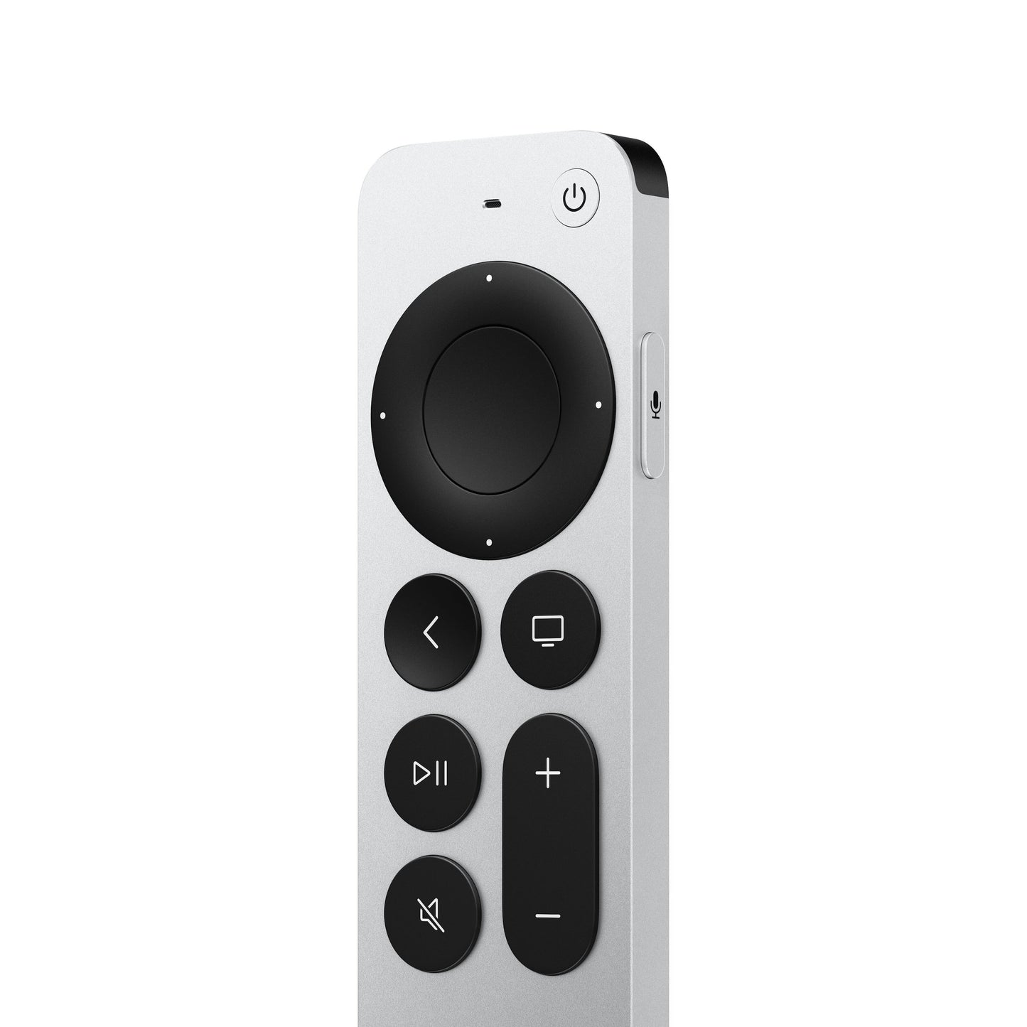 Apple TV 4K 3. gen fjernbetjening sølv, rund retningspad, sorte knapper til strøm, tilbage, hjem, play/pause, lydstyrke, mute.