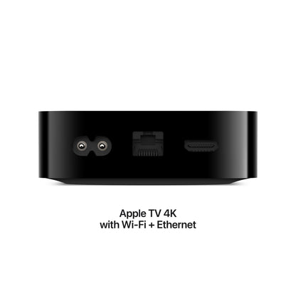 Apple TV 4K (3. gen) 128 GB sort set bagfra med strøm-, Ethernet- og HDMI-porte, Wi-Fi + Ethernet, Dolby Vision.