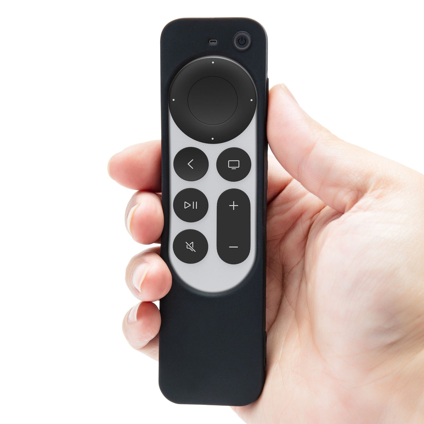 Apple Siri Remote med cirkulær touchpad og knapper i silikonecover, model til Apple Siri Remote, sort.