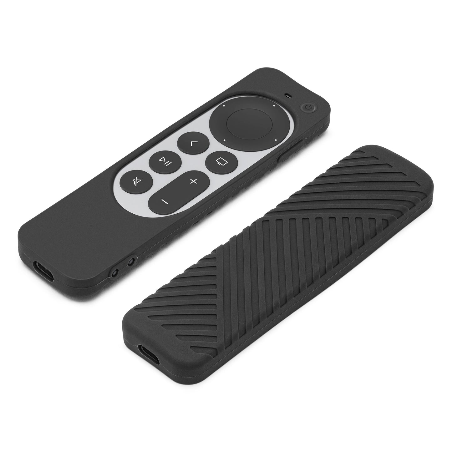 Apple Siri Remote sort i Linocell silikoneetui, én med knapper og touchpad, én med rillet bagside, 2 stk.