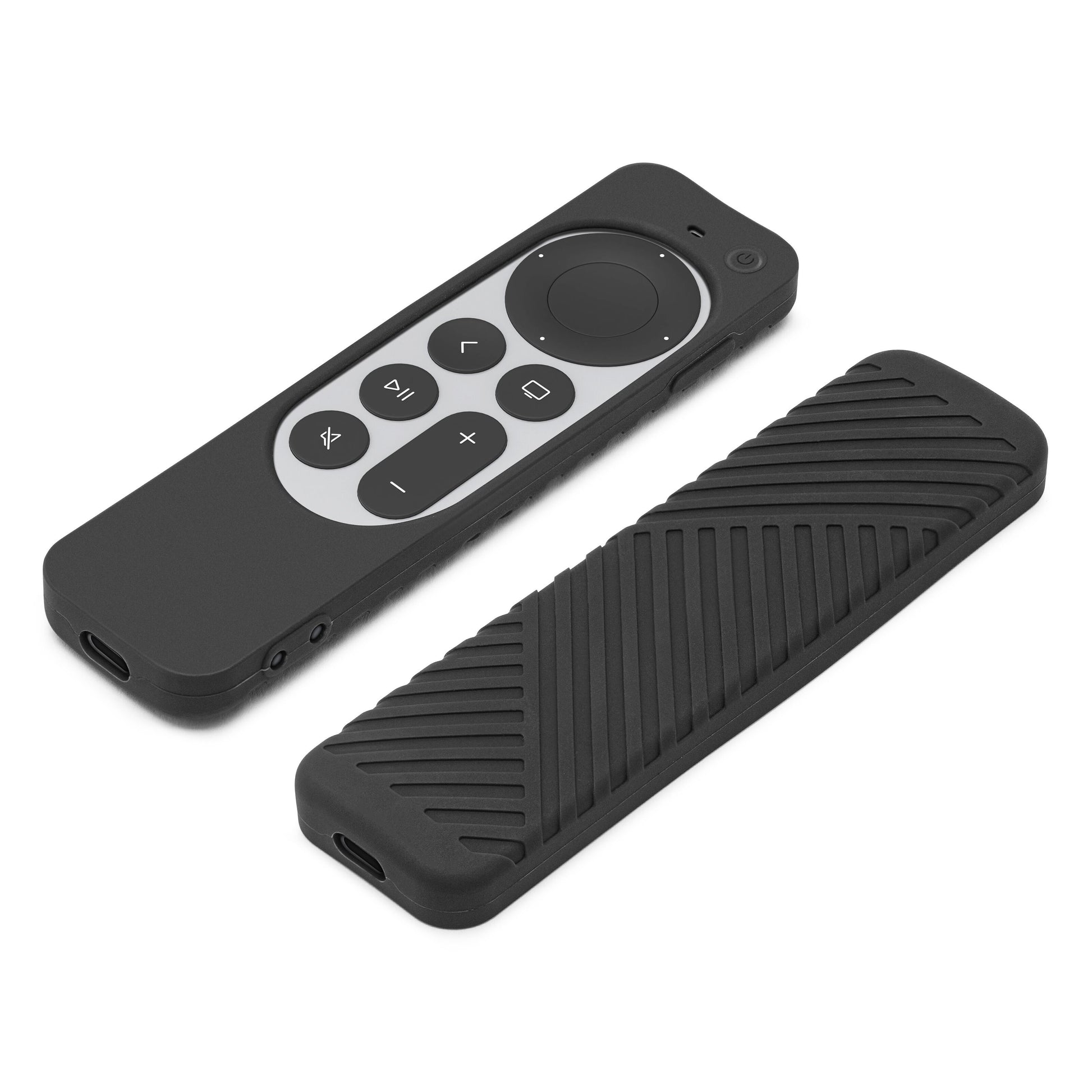 Apple Siri Remote sort i Linocell silikoneetui, én med knapper og touchpad, én med rillet bagside, 2 stk.
