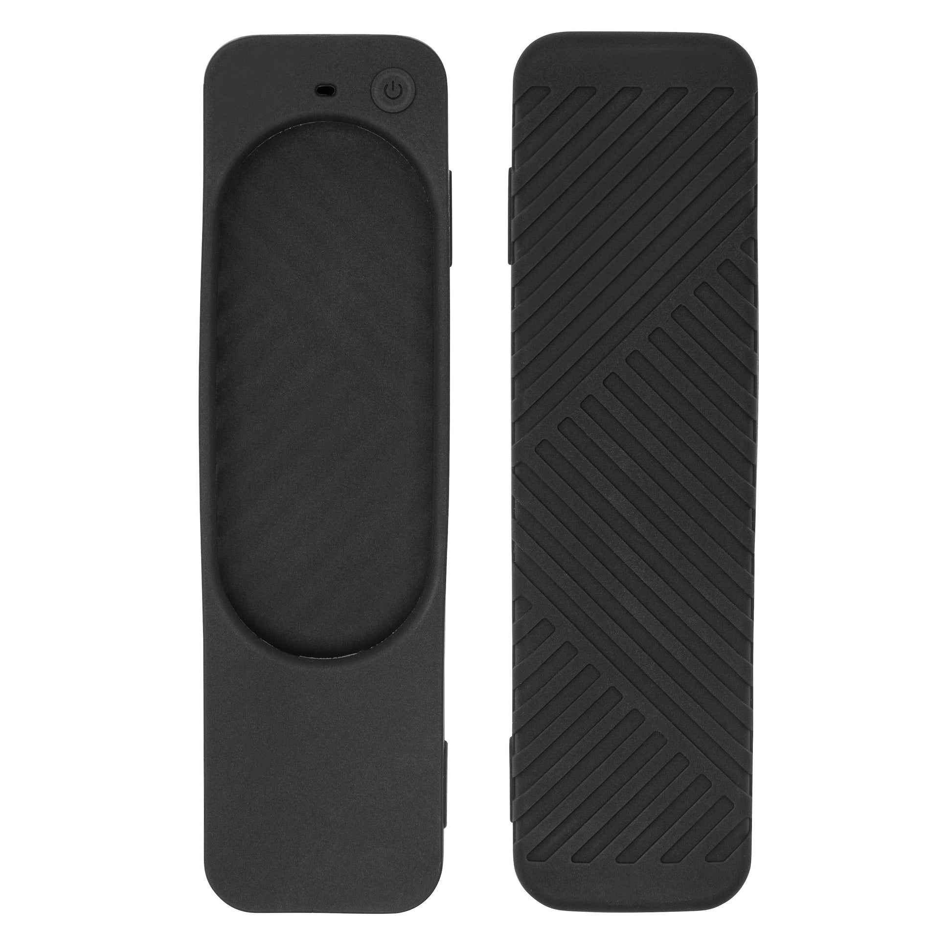 Silikoneetui til Apple Siri Remote med ovalt udskæringshul, åbning til power-knap og diagonalt rillet bagside.