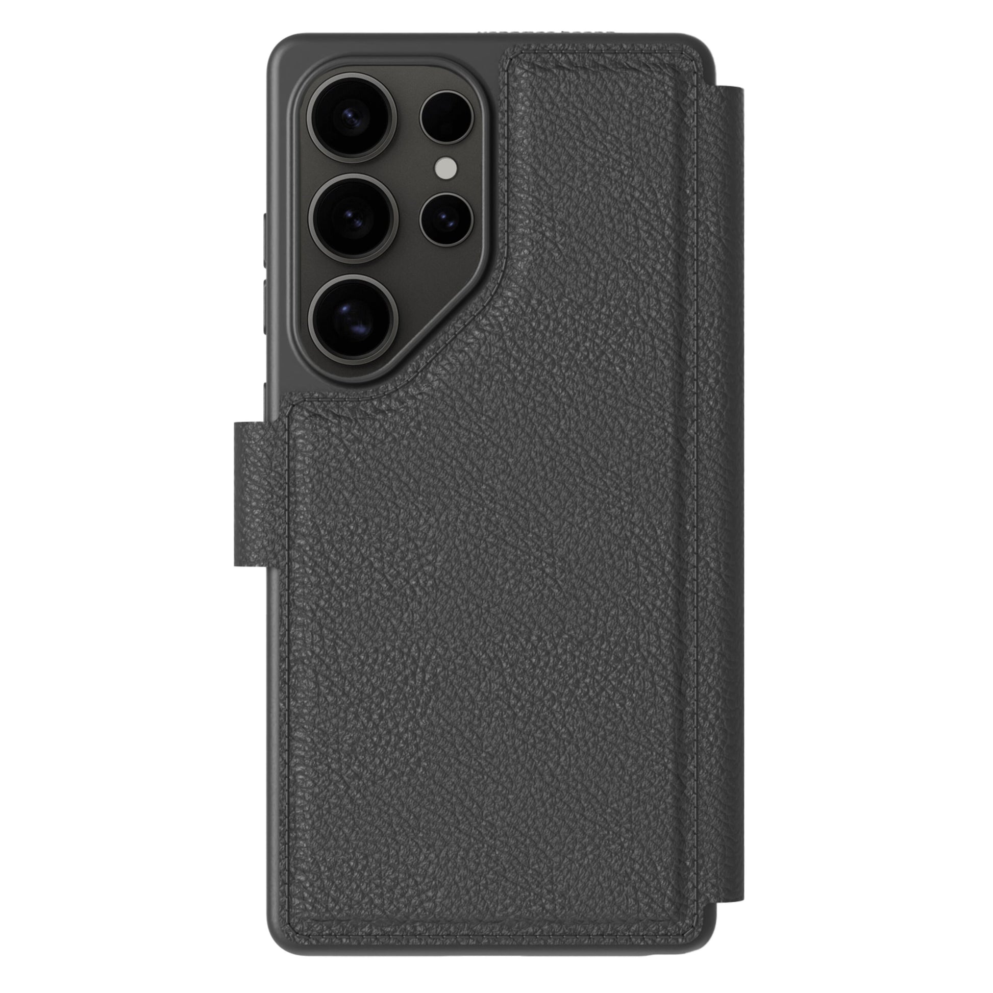 A Good Company mobilpung til Samsung S25 Ultra sort læder, frontcover halvt åben, synlig bagkamera, MagSafe opladning.