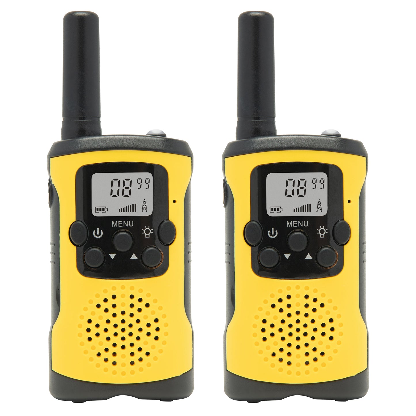 Rubicson walkie-talkies 2-pak 5 km gul med sorte knapper, antenner, digitalt display og funktionsknapper.