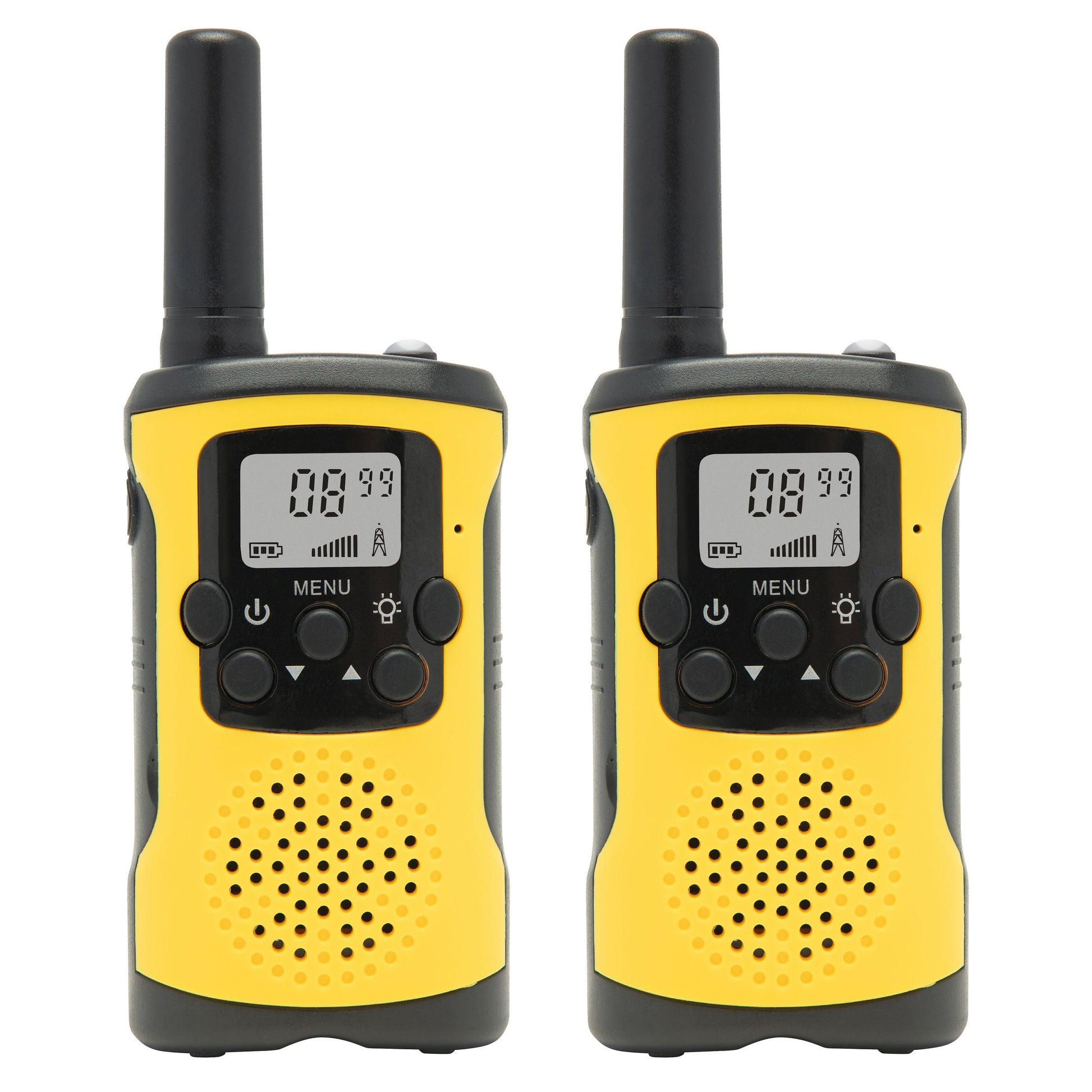 Rubicson walkie-talkies 2-pak 5 km gul med sorte knapper, antenner, digitalt display og funktionsknapper.