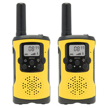 Rubicson walkie-talkies 2-pak 5 km gul med sorte knapper, antenner, digitalt display og funktionsknapper.