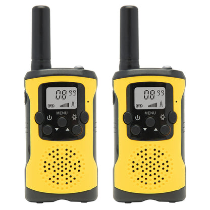 Rubicson walkie-talkies 2-pak 5 km gul med sorte knapper, antenner, digitalt display og funktionsknapper.