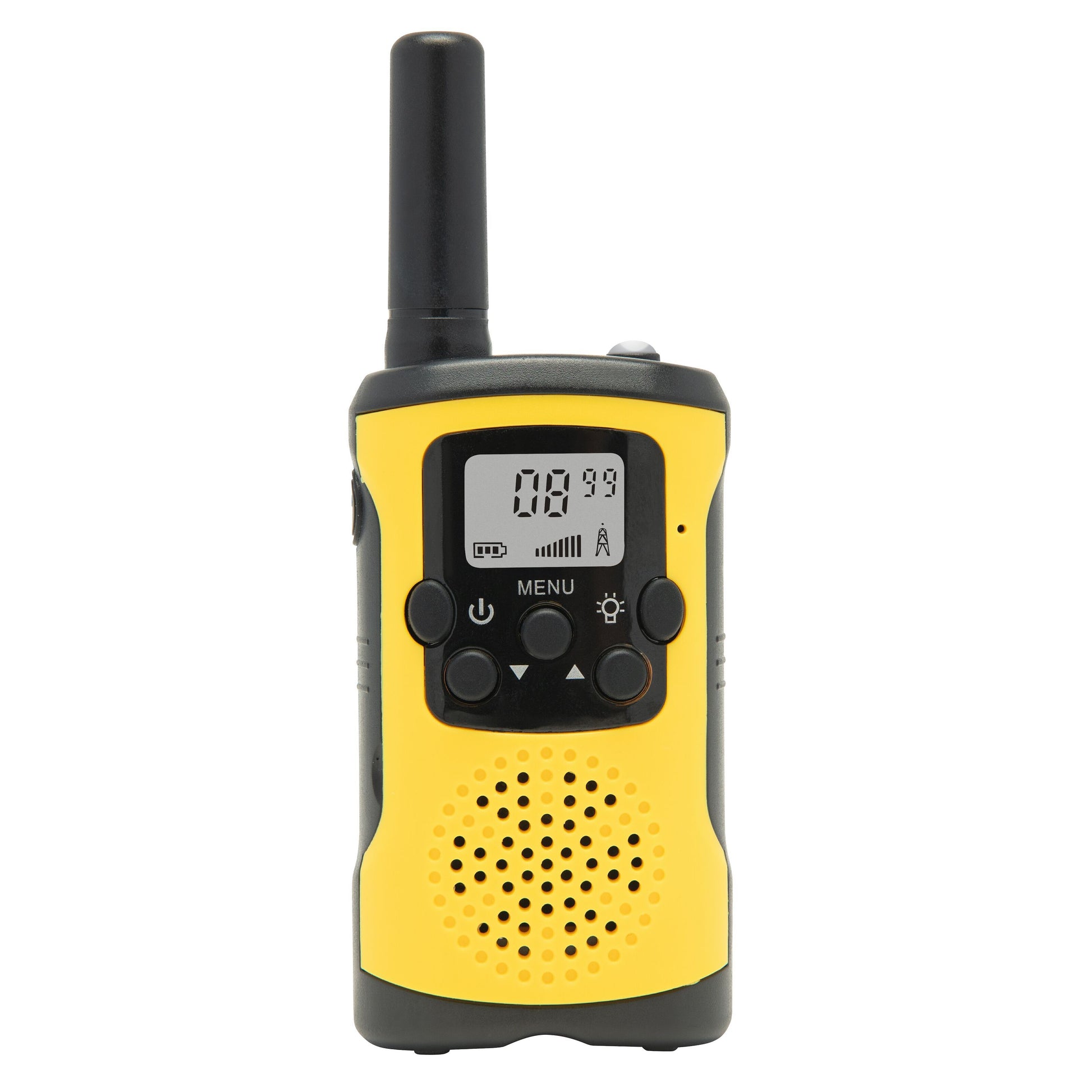 Rubicson walkie-talkie 2-pak gul/sort med antenne, LCD-display kanal 8, menu- og navigationsknapper, højttaler.