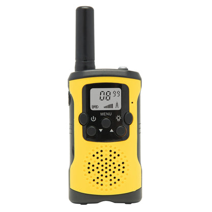 Rubicson walkie-talkie 2-pak gul/sort med antenne, LCD-display kanal 8, menu- og navigationsknapper, højttaler.