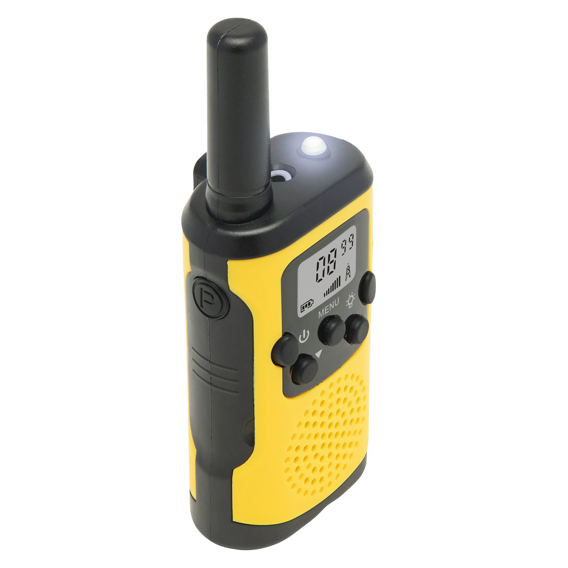 Rubicson walkie-talkie 2-pak 5 km gul/sort, håndholdt med antenne, display, knapper og højttalergitter.