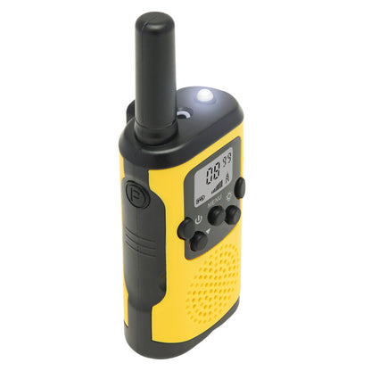 Rubicson walkie-talkie 2-pak 5 km gul/sort, håndholdt med antenne, display, knapper og højttalergitter.