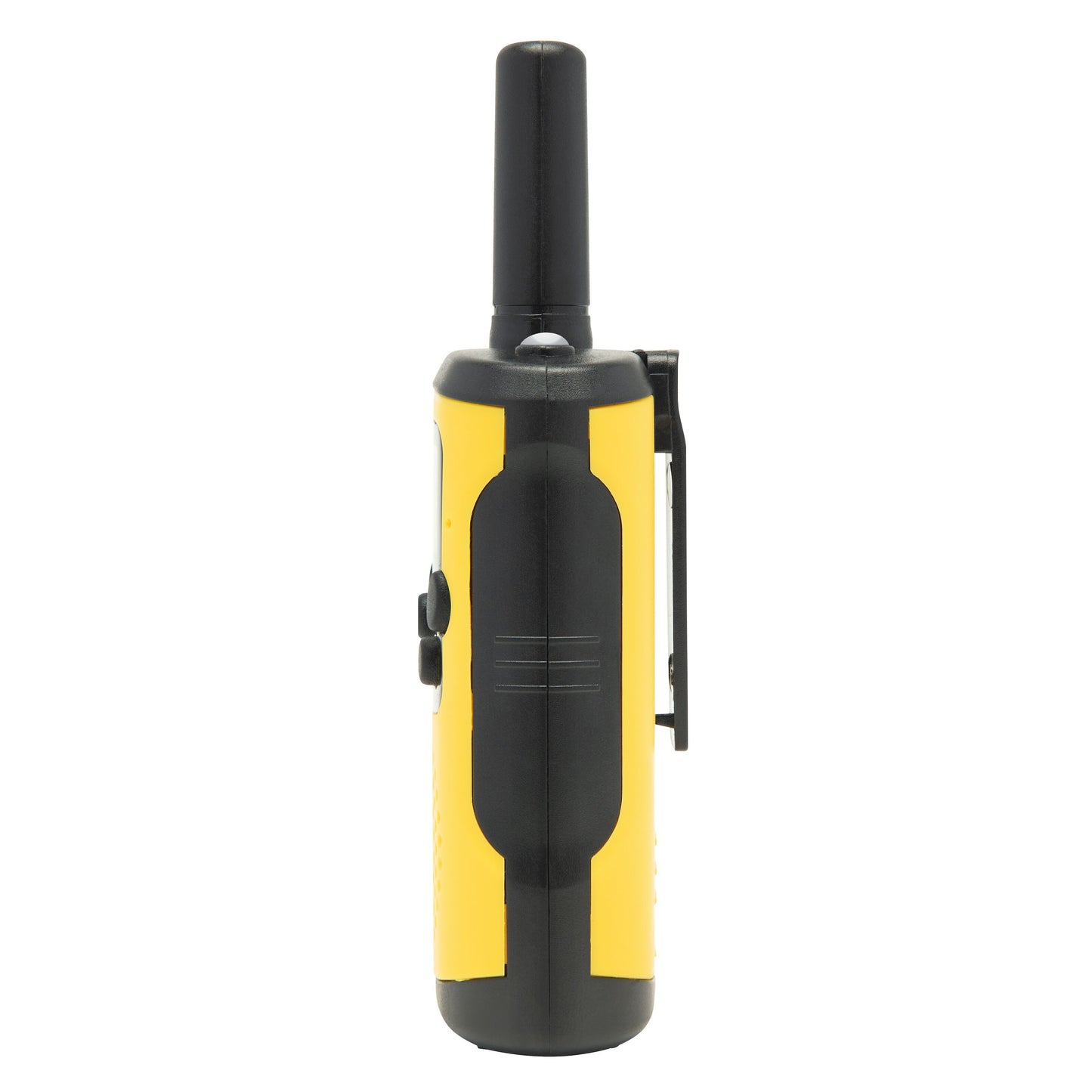 Rubicson walkie-talkie 2-pak 5 km gul/sort, synlige knapper, bælteclips og høj antenne.