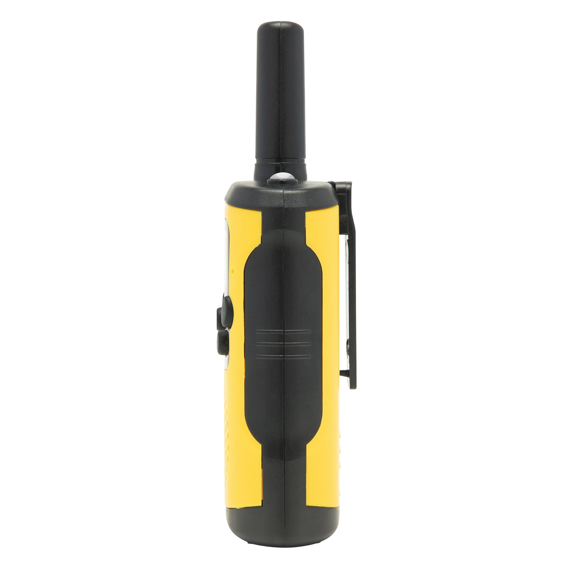 Rubicson walkie-talkie 2-pak 5 km gul/sort, synlige knapper, bælteclips og høj antenne.