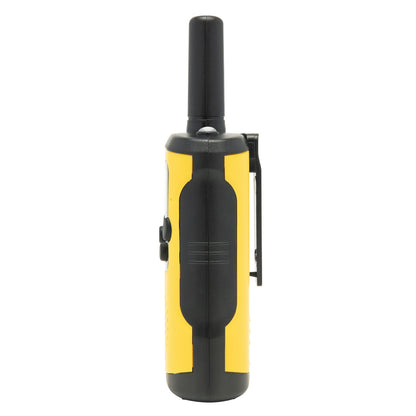 Rubicson walkie-talkie 2-pak 5 km gul/sort, synlige knapper, bælteclips og høj antenne.