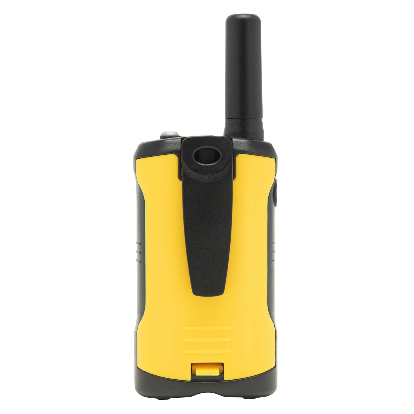 Rubicson walkie-talkie 2-pak 5 km gul/sort, håndholdt design med antenne og bælteclips.