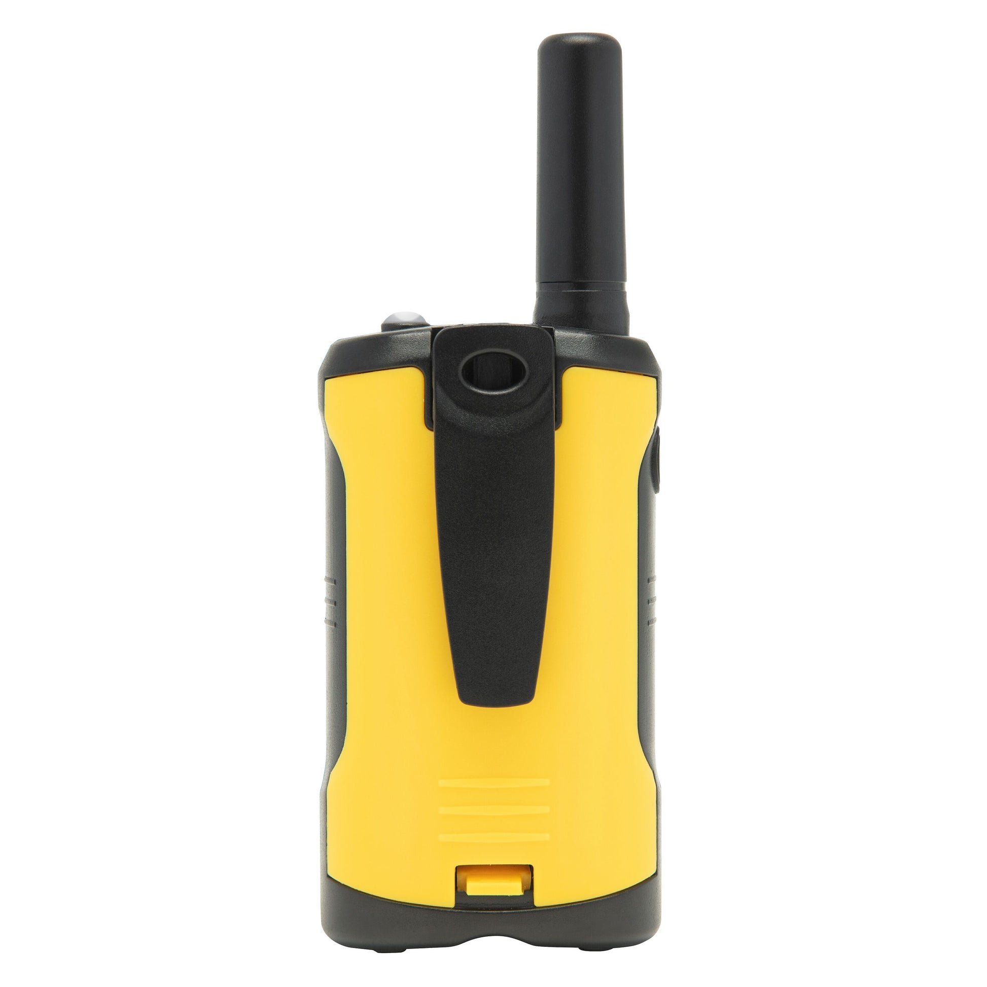 Rubicson walkie-talkie 2-pak 5 km gul/sort, håndholdt design med antenne og bælteclips.